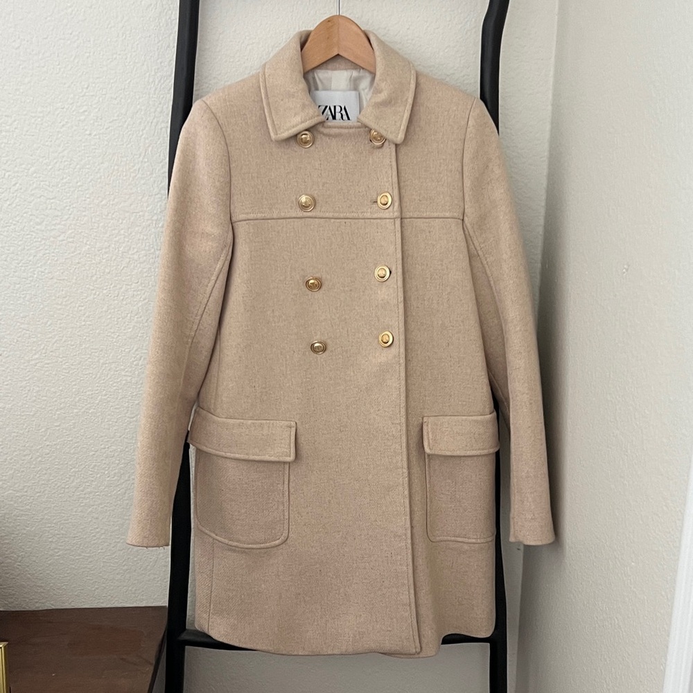 Zara Women's Beige Pea Coat with Gold Buttons